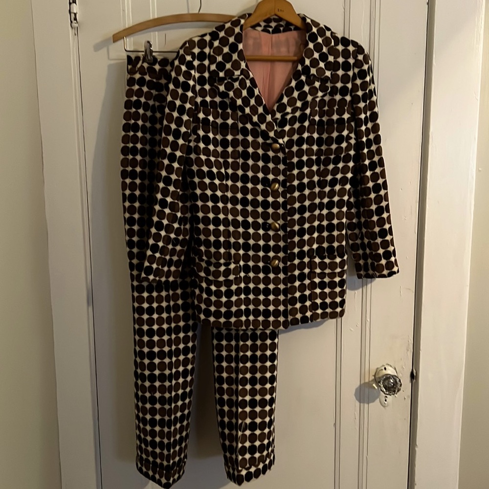 Hand made 1970s (?) lined pantsuit, cream with light and dark brown polka dots.